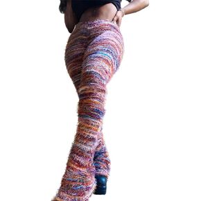 Wuitrie Women Stacked Pants Rainbow Flare Fuzzy Striped Patchwork Leggings Fit Slim High Waist Y2K Knitted Sweatpants in Kuwait