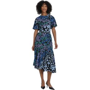 Maggy London Women's Short Flutter Sleeve Fit and Flare Dress with Asymmetric Hem Tier