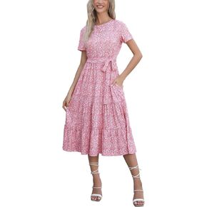 Lyrur Women's Dresses Casual Summer Tiered Midi Dress Short Sleeve Belted Ruffle Babydoll Boho Sundress with Pockets