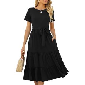 Lyrur Women's Dresses Casual Summer Tiered Midi Dress Short Sleeve Belted Ruffle Babydoll Boho Sundress with Pockets