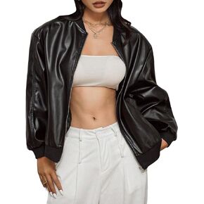 MakeMeChic Women's Faux Leather Jacket Oversized Zip Up PU Leather Varsity Bomber Jackets Outerwear