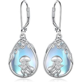 Jellyfish Dangle Drop Earrings 925 Sterling Silver Moonstone Filigree Earrings Ocean Beach Jewelry for Women Girls Birthday Gifts