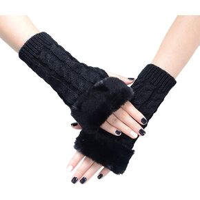 SUNTRADE Women Knit Fingerless Gloves, Arm Warmers with Faux Fur, Winter Fingerless Wrist Warmer Mittens