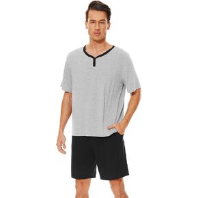 WiWi Mens Pajamas Set Viscose from Bamboo Short Sleeve Top & Pajama Shorts Sleepwear Soft Loungewear with Pockets S-XXL