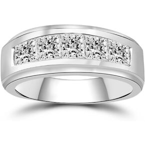 2 Carats Princess Cut Moissanite Rings for Men Women Moissanite Eternity Wedding Band Ring D Color VVS1 Lab Diamond Channel Set, Sterling Silver with 18K White Gold Plated Men Diamond Ring