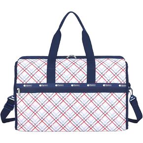 LeSportsac Modern Tattersall Deluxe Large Weekender Crossbody Bag, Style 4319/Color E839, Classic Navy & Bold Red Unite on Crisp White Bag, Modern Lilac Accent, Fun Interpretative Tartan Plaid
