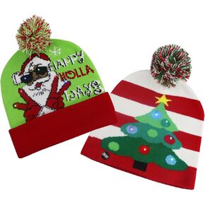 2Pack Christmas Beanie Hats for Men Women Kid, Funny LED Light Up Xmas Knitted Cap Winter Hat