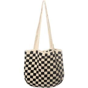 Handmade Checkered Pattern Crochet Tote Bag, Aesthetic Hobo Shoulder Crochet Beach Bag