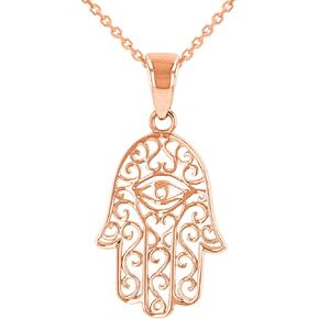 Solid 14K Rose Gold Filigree Hamsa Hand of Fatima with Evil Eye Pendant Necklace