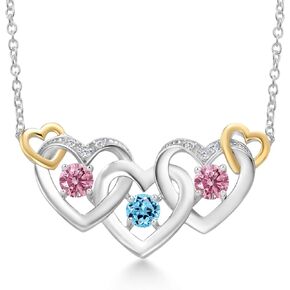 Gem Stone King 925 Silver and 10K Yellow Gold Swiss Blue Topaz Pink Lab Grown Diamond and White Lab Grown Diamond Heart Shape Pendant Necklace For Women (0.92 Cttw, with 18 Inch Chain)