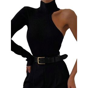 WDIRARA Women's Cut Out One Shoulder Bodysuit Long Sleeve Mock Neck Casual Bodycon Rib Knit Shirts Tops
