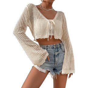 Verdusa Women's Bell Long Sleeve Tie Up Front Hollow Out Sheer Knit Crop Cardigan