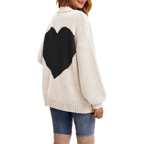 Tutorutor Womens Oversized Love Heart Pattern Print Open Front Cardigan Sweaters Casual Boho Valentine Loose Outwear Coat