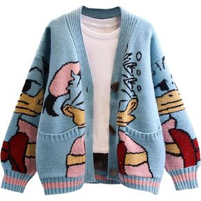 Womens Cute Embroidery Cartoon Duck Cable Knit Cardigans Sweater Button Down Slouchy Wool Blend Coat