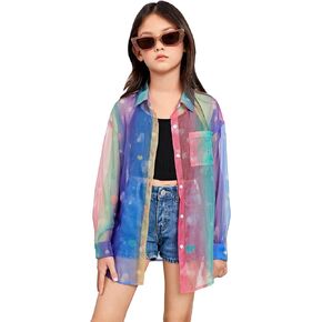 Floerns Girls Button Front Long Sleeve Mesh Shirt See Through Sheer Blouse Tops