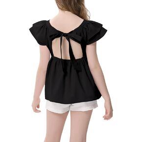 LIONJIE Girl Tie Back Ruffle Sleeve Shirt Casual Square Neck Summer Top Blouse 3-12 Years