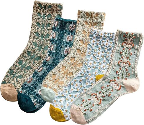 MTKAEWU 5 Pack Cute Womens Floral Socks, Vintage Embroidered Frilly Floral Socks, Kawaii Girly Ankle Cotton Cottagecore Socks in Saudi Arabia