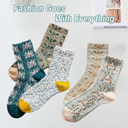 MTKAEWU 5 Pack Cute Womens Floral Socks, Vintage Embroidered Frilly Floral Socks, Kawaii Girly Ankle Cotton Cottagecore Socks in Saudi Arabia