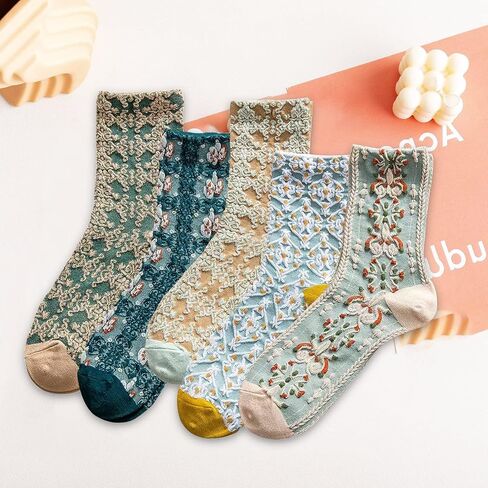 MTKAEWU 5 Pack Cute Womens Floral Socks, Vintage Embroidered Frilly Floral Socks, Kawaii Girly Ankle Cotton Cottagecore Socks in Saudi Arabia
