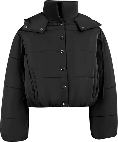 Gihuo Women’ s Hooded Puffer Jacket Stand Collar Cropped Quilted Puffer Coat Winter Warm Button Down Jacket(Black-M) in Saudi Arabia