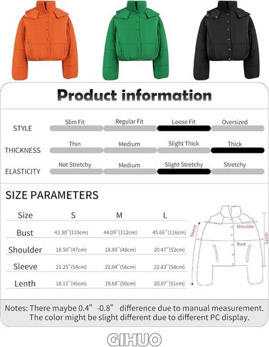 Gihuo Women’ s Hooded Puffer Jacket Stand Collar Cropped Quilted Puffer Coat Winter Warm Button Down Jacket(Black-M) in Saudi Arabia