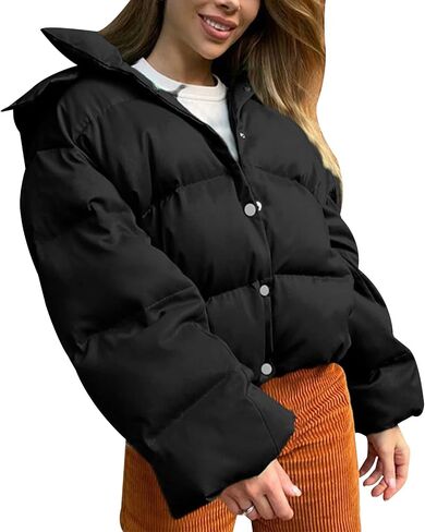 Gihuo Women’ s Hooded Puffer Jacket Stand Collar Cropped Quilted Puffer Coat Winter Warm Button Down Jacket(Black-M) in Saudi Arabia