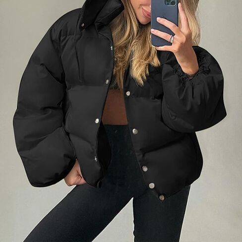 Gihuo Women’ s Hooded Puffer Jacket Stand Collar Cropped Quilted Puffer Coat Winter Warm Button Down Jacket(Black-M) in Saudi Arabia