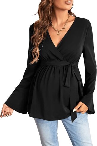 OYOANGLE Women's Maternity Rib Knit Long Sleeve V Neck Cross Wrap Belted Blouse Peplum Top Shirt in Saudi Arabia