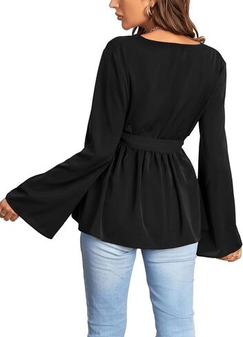 OYOANGLE Women's Maternity Rib Knit Long Sleeve V Neck Cross Wrap Belted Blouse Peplum Top Shirt in Saudi Arabia