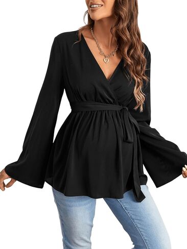 OYOANGLE Women's Maternity Rib Knit Long Sleeve V Neck Cross Wrap Belted Blouse Peplum Top Shirt in Saudi Arabia