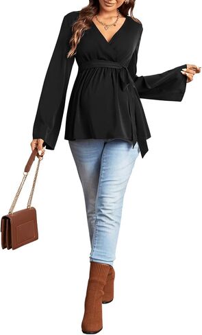 OYOANGLE Women's Maternity Rib Knit Long Sleeve V Neck Cross Wrap Belted Blouse Peplum Top Shirt in Saudi Arabia