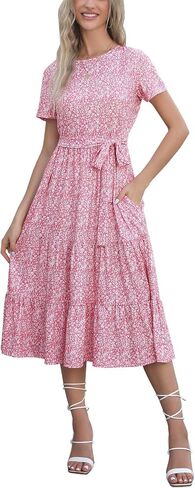Lyrur Women's Dresses Casual Summer Tiered Midi Dress Short Sleeve Belted Ruffle Babydoll Boho Sundress with Pockets in Saudi Arabia