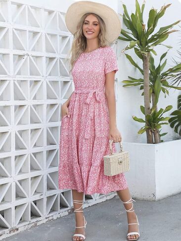 Lyrur Women's Dresses Casual Summer Tiered Midi Dress Short Sleeve Belted Ruffle Babydoll Boho Sundress with Pockets in Saudi Arabia