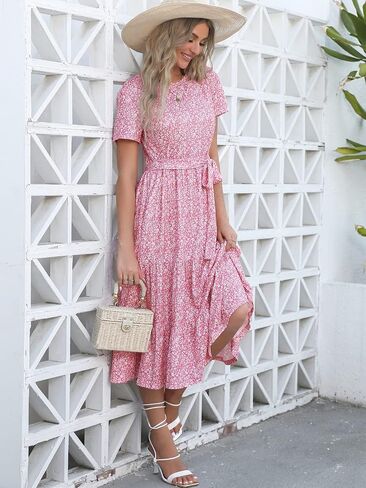 Lyrur Women's Dresses Casual Summer Tiered Midi Dress Short Sleeve Belted Ruffle Babydoll Boho Sundress with Pockets in Saudi Arabia