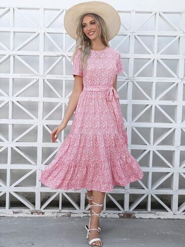 Lyrur Women's Dresses Casual Summer Tiered Midi Dress Short Sleeve Belted Ruffle Babydoll Boho Sundress with Pockets in Saudi Arabia