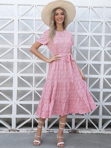 Lyrur Women's Dresses Casual Summer Tiered Midi Dress Short Sleeve Belted Ruffle Babydoll Boho Sundress with Pockets in Saudi Arabia
