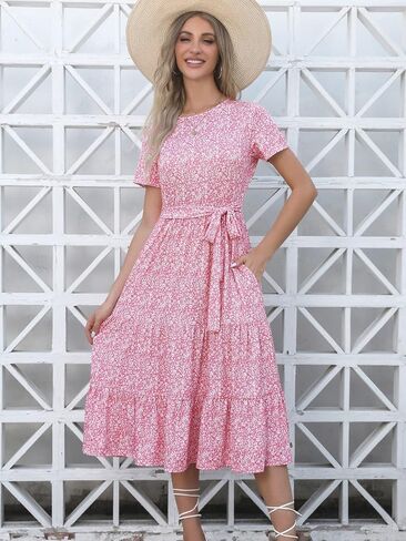 Lyrur Women's Dresses Casual Summer Tiered Midi Dress Short Sleeve Belted Ruffle Babydoll Boho Sundress with Pockets in Saudi Arabia