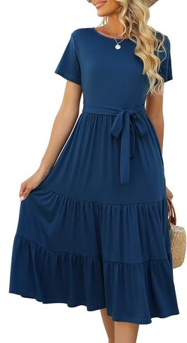Lyrur Women's Dresses Casual Summer Tiered Midi Dress Short Sleeve Belted Ruffle Babydoll Boho Sundress with Pockets in Saudi Arabia