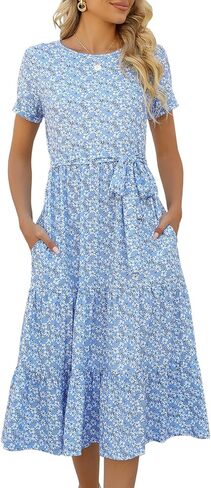 Lyrur Women's Dresses Casual Summer Tiered Midi Dress Short Sleeve Belted Ruffle Babydoll Boho Sundress with Pockets in Saudi Arabia
