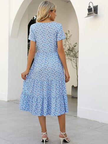 Lyrur Women's Dresses Casual Summer Tiered Midi Dress Short Sleeve Belted Ruffle Babydoll Boho Sundress with Pockets in Saudi Arabia