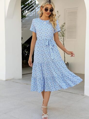 Lyrur Women's Dresses Casual Summer Tiered Midi Dress Short Sleeve Belted Ruffle Babydoll Boho Sundress with Pockets in Saudi Arabia
