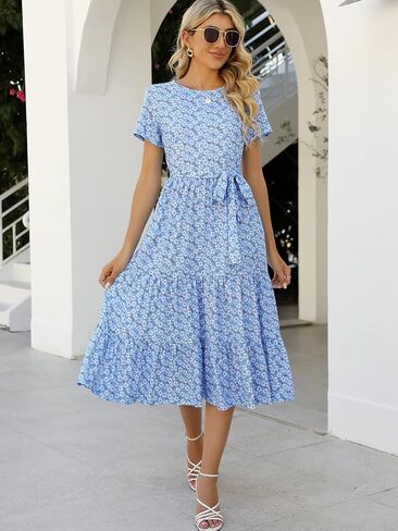 Lyrur Women's Dresses Casual Summer Tiered Midi Dress Short Sleeve Belted Ruffle Babydoll Boho Sundress with Pockets in Saudi Arabia