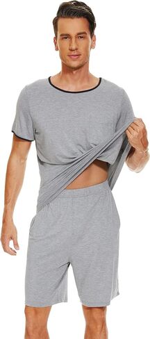 WiWi Mens Pajamas Set Viscose from Bamboo Short Sleeve Top & Pajama Shorts Sleepwear Soft Loungewear with Pockets S-XXL in Saudi Arabia