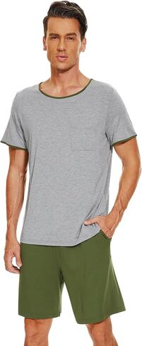 WiWi Mens Pajamas Set Viscose from Bamboo Short Sleeve Top & Pajama Shorts Sleepwear Soft Loungewear with Pockets S-XXL in Saudi Arabia