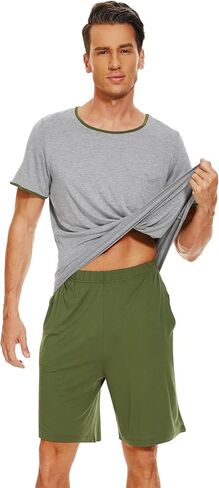 WiWi Mens Pajamas Set Viscose from Bamboo Short Sleeve Top & Pajama Shorts Sleepwear Soft Loungewear with Pockets S-XXL in Saudi Arabia