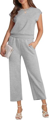 WIHOLL Two Piece Outfits for Women Summer Lounge Sets Cap Sleeve Top Wide Leg Pants Set Casual in Saudi Arabia