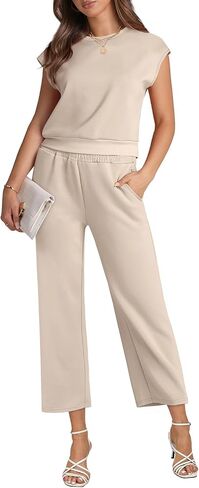 WIHOLL Two Piece Outfits for Women Summer Lounge Sets Cap Sleeve Top Wide Leg Pants Set Casual in Saudi Arabia