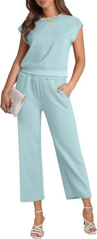 WIHOLL Two Piece Outfits for Women Summer Lounge Sets Cap Sleeve Top Wide Leg Pants Set Casual in Saudi Arabia