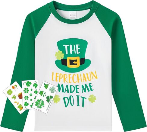 MERIABNY Kids St Patricks Day Shirt Raglan Sleeve Lucky Clover Outfit with Tattoo Sticker in Kuwait