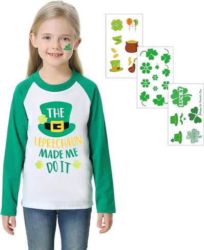 MERIABNY Kids St Patricks Day Shirt Raglan Sleeve Lucky Clover Outfit with Tattoo Sticker in Kuwait